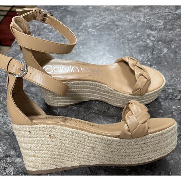 Calvin Klein Womens Thea Platform Wedge Heel Espadrille Sandal Ankle Strap Beige - Picture 5 of 14